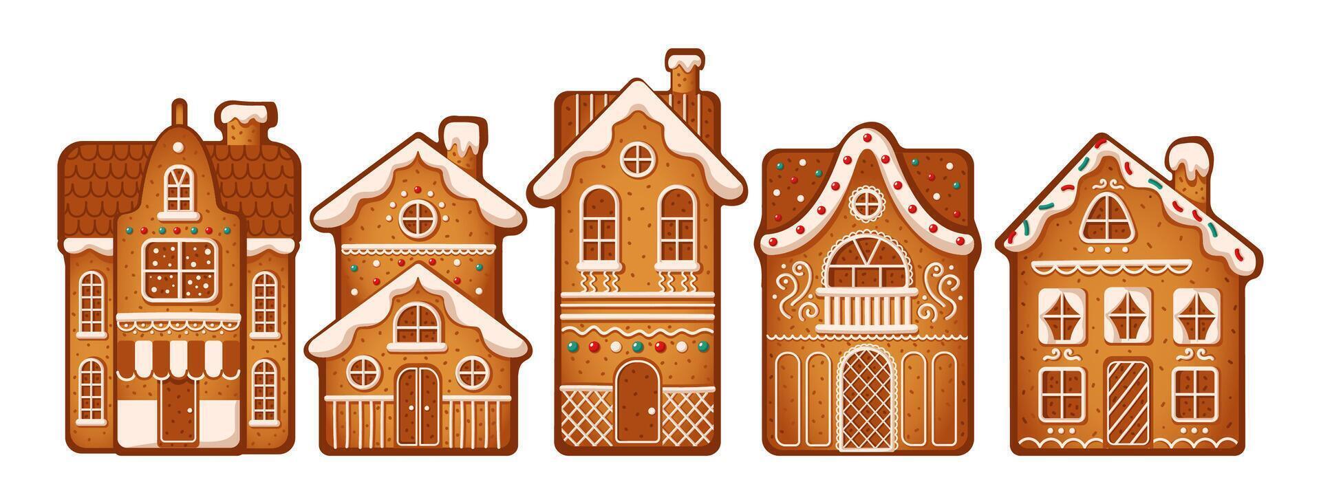 Festive gingerbread houses adorned with icing flat color objects set. Sweet treats honor of Christmas holidays illustrations on white vector