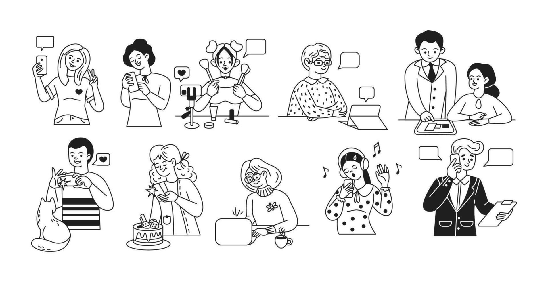 People using electronic devices for various purposes linear icons set. Modern technology for work and rest characters illustration collections vector