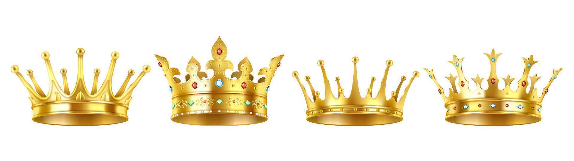 Collection of golden royal crowns illustration set. Shining luxury jewelry for kings and queens 3d object on white background vector