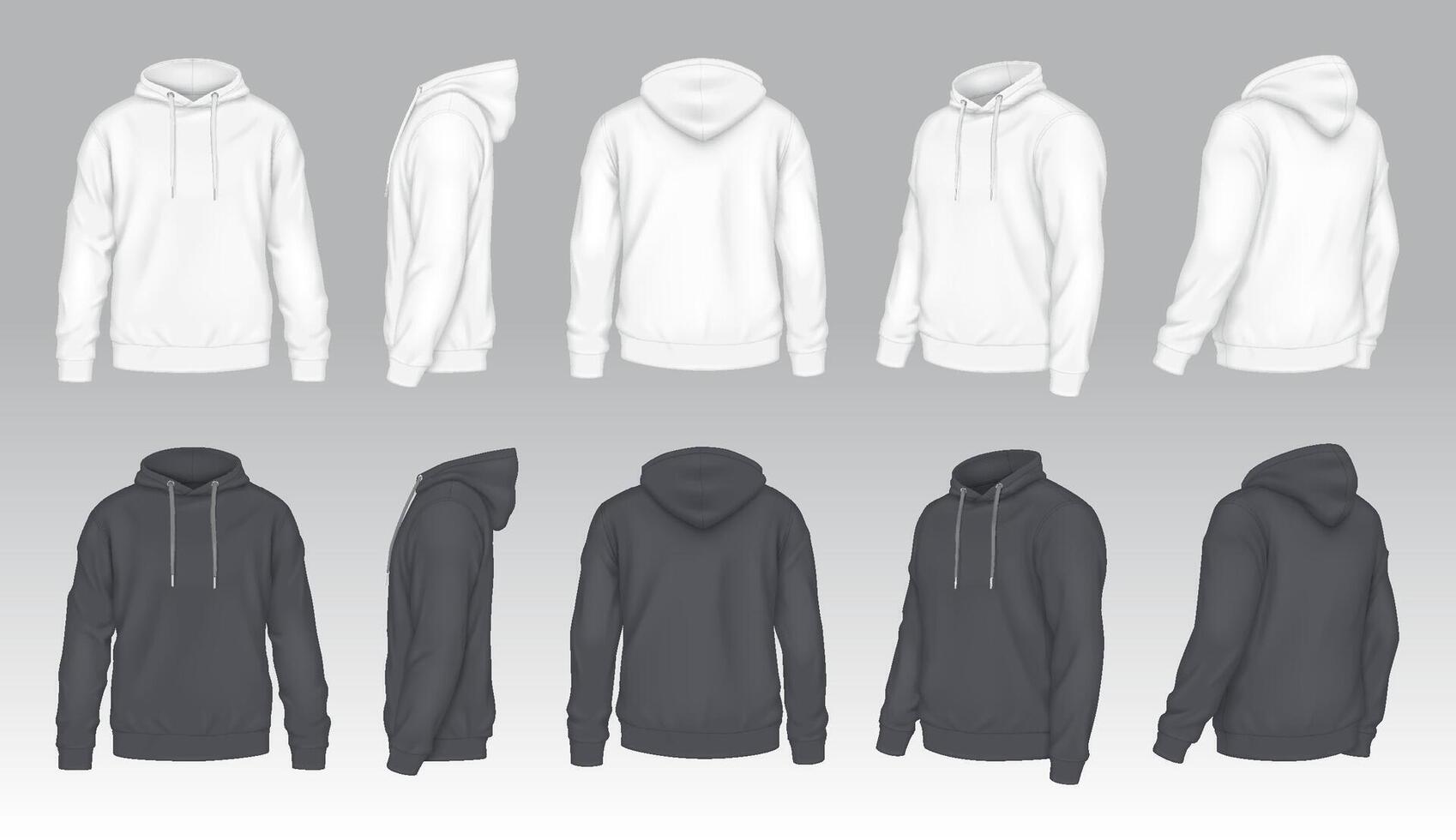 Black and white mockup hoodies realistic illustration set. Casual attire with design template 3d models on grey background vector