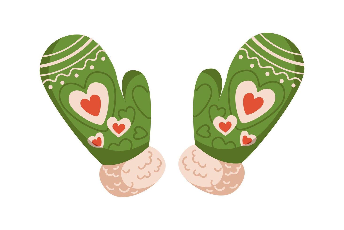 Green knitted mittens with hearts flat color object. Handmade accessory for cozy and romantic atmosphere illustration on white vector