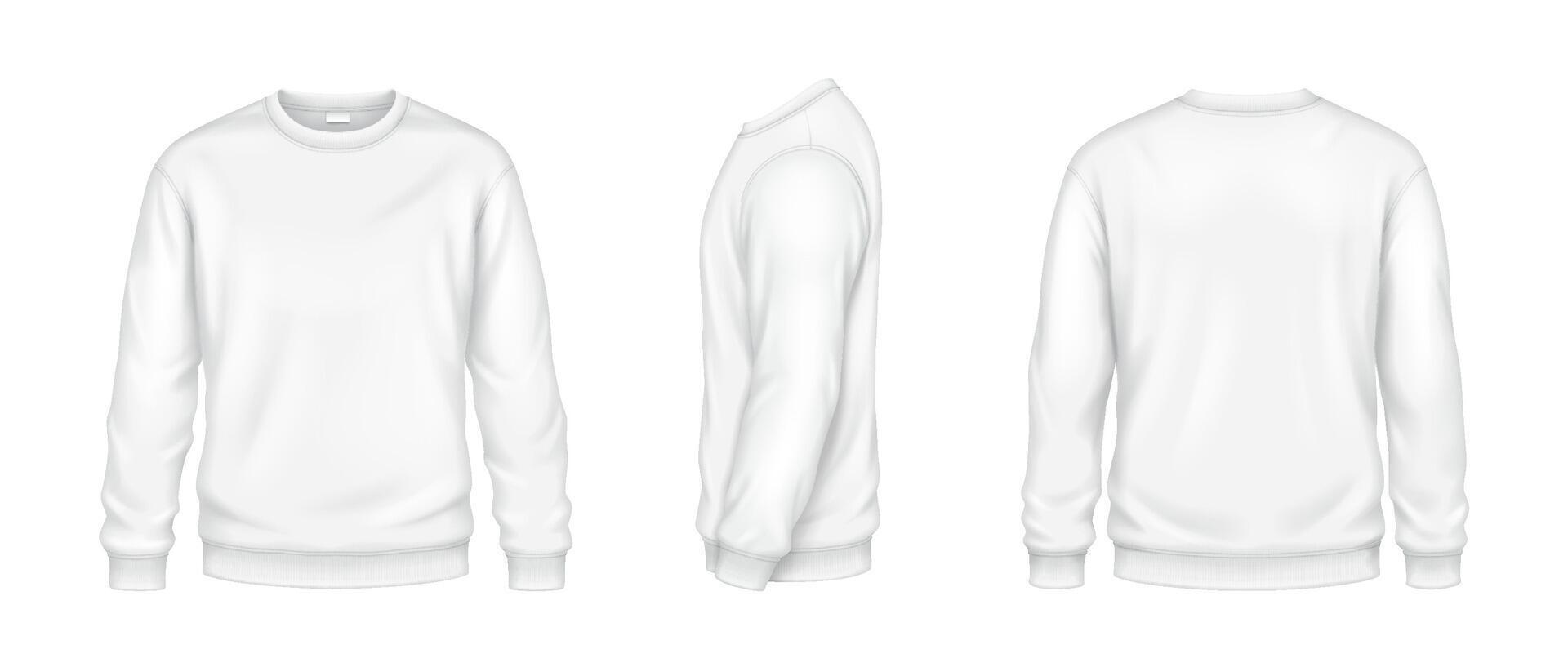 Sportive sweatshirts of white color mockup realistic illustrations set. Casual clothing template 3d model on white background vector
