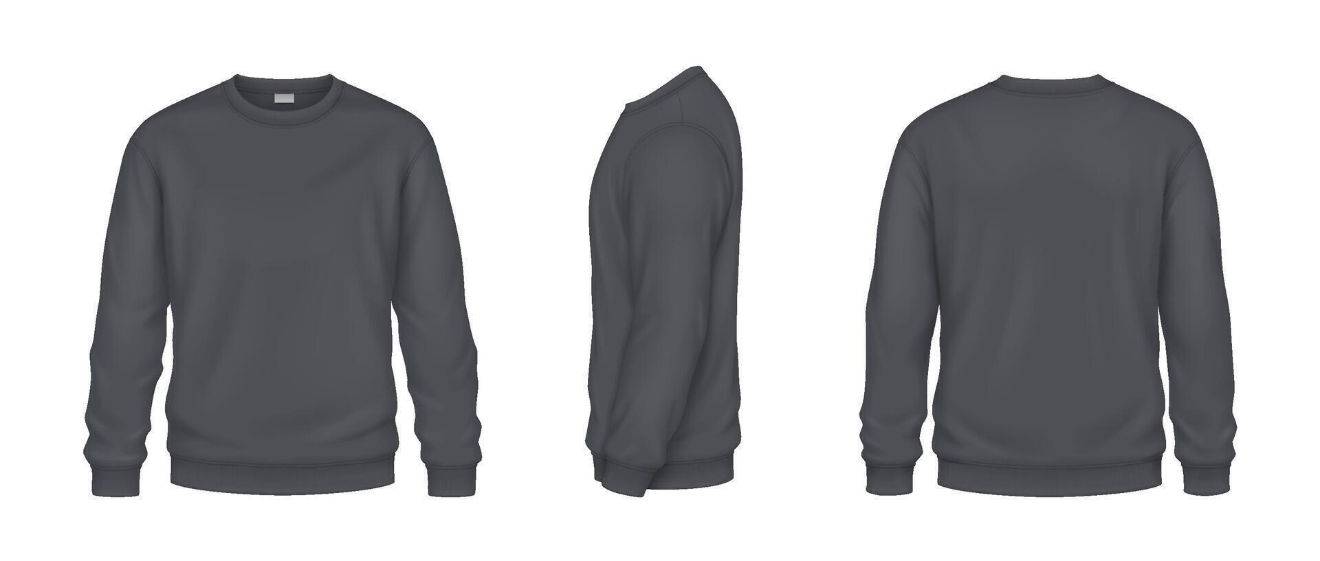Dark grey sweatshirts for cool day mockup realistic illustrations set. Clothing for everyday life template 3d model on white background vector