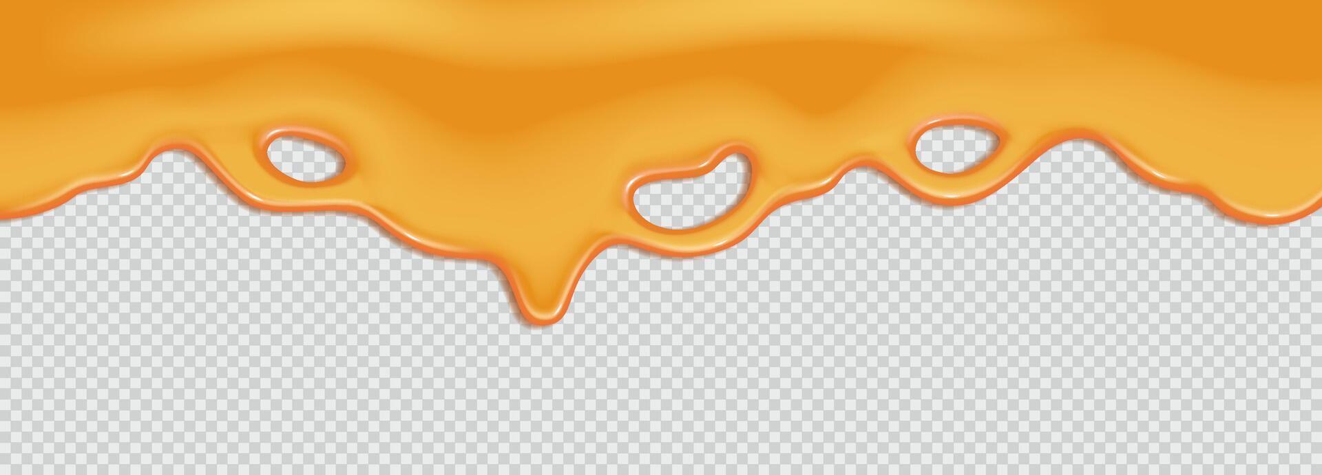 Flowing sweet caramel, honey, maple syrup or sauce. Liquid wave of paint or oil on checkered background. 3d realistic illustration. Top horizontal border of the frame vector