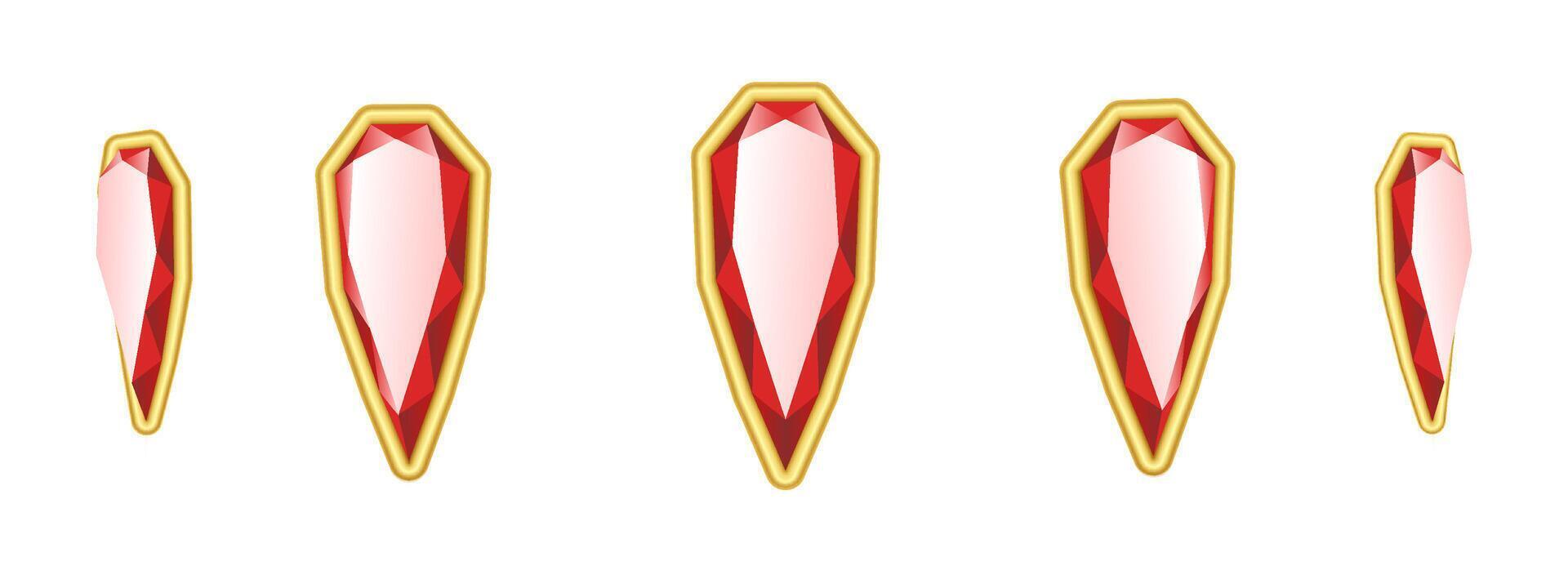 Gleaming red gems adorned with gold edges twirl realistic illustration set. Valuable gemstones 3d models on white background vector