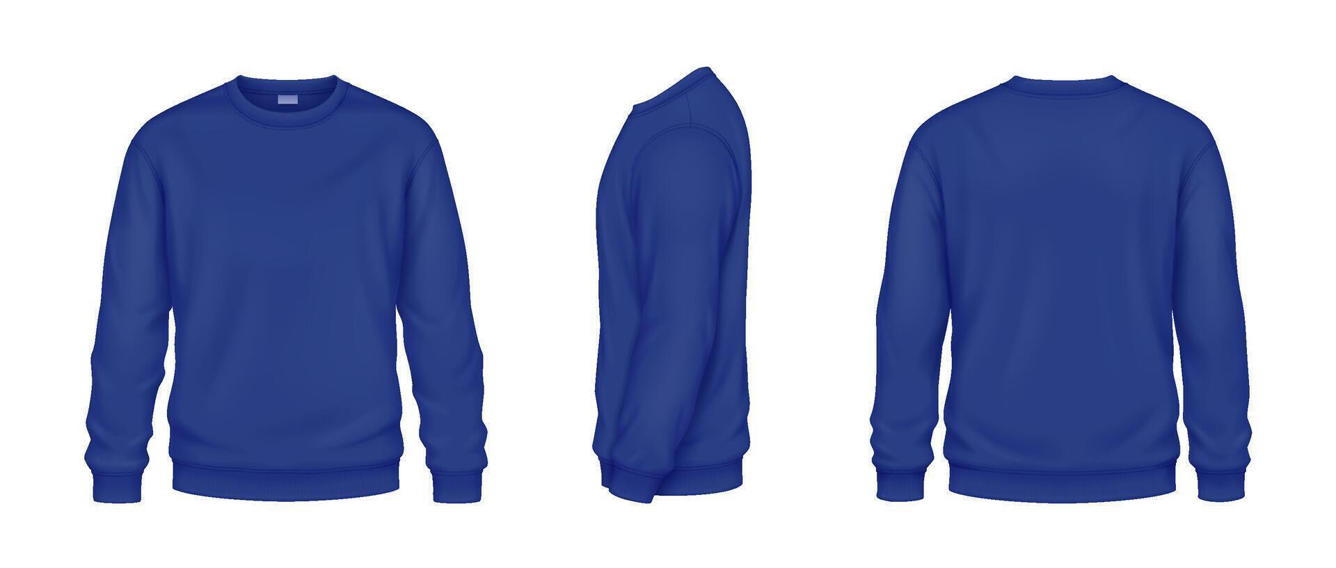 Stylish dark blue sweatshirts mockup illustrations set. Clothes from warm textile for autumn template 3d model on white background vector