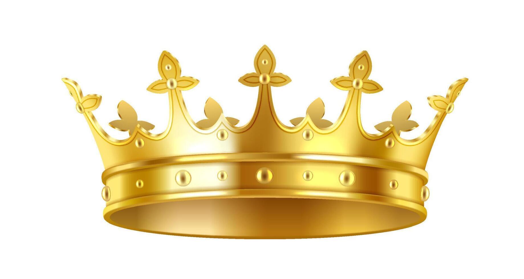 Majestic golden crown with crests realistic illustration. Shining royal jewelry represents authority and triumph 3d object on white background vector
