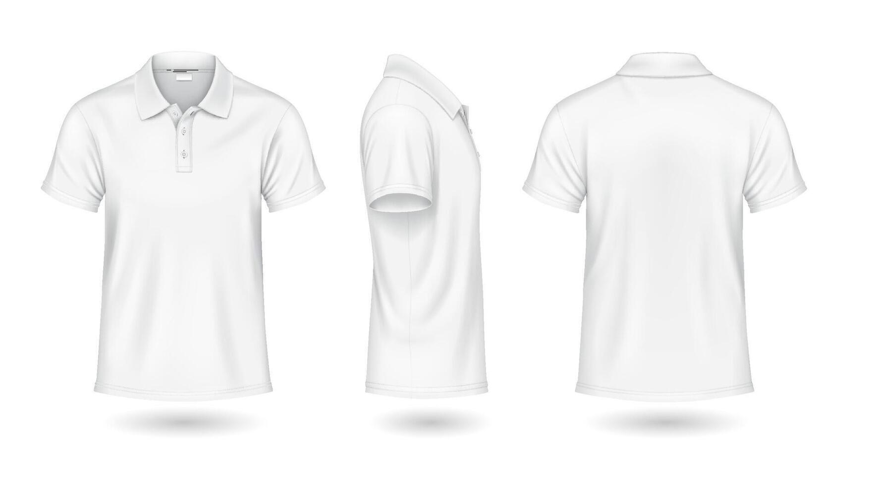 Casual white polo shirts front back and side view mockup design realistic illustration set. Classic t-shirt with copyspace 3d models on white background vector