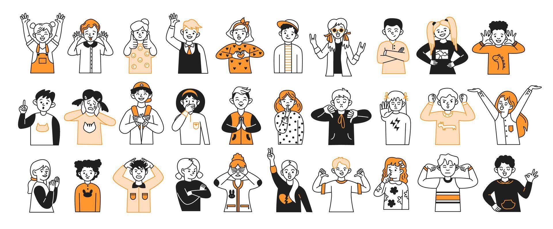 Children showing various emotions and gestures color linear icons set. Capturing essence of childhood through body language on white background vector