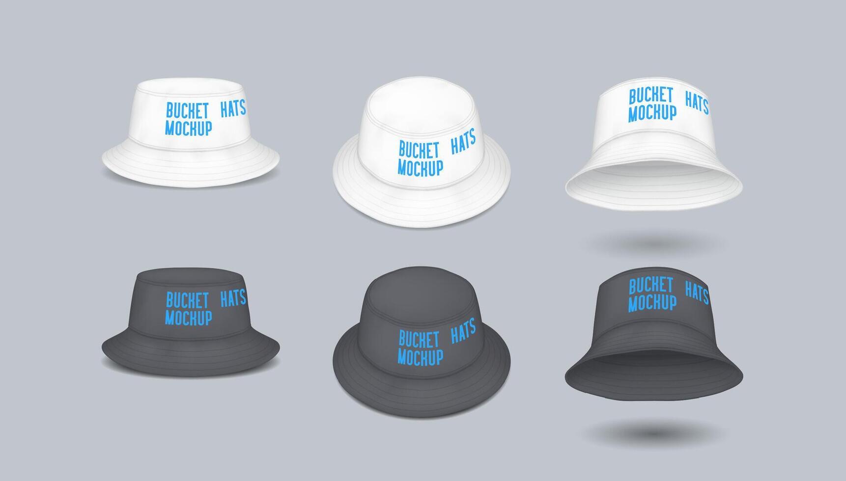Bucket hats with branding areas realistic illustration set. Mockup headwear in black and white colors template 3d models on grey vector