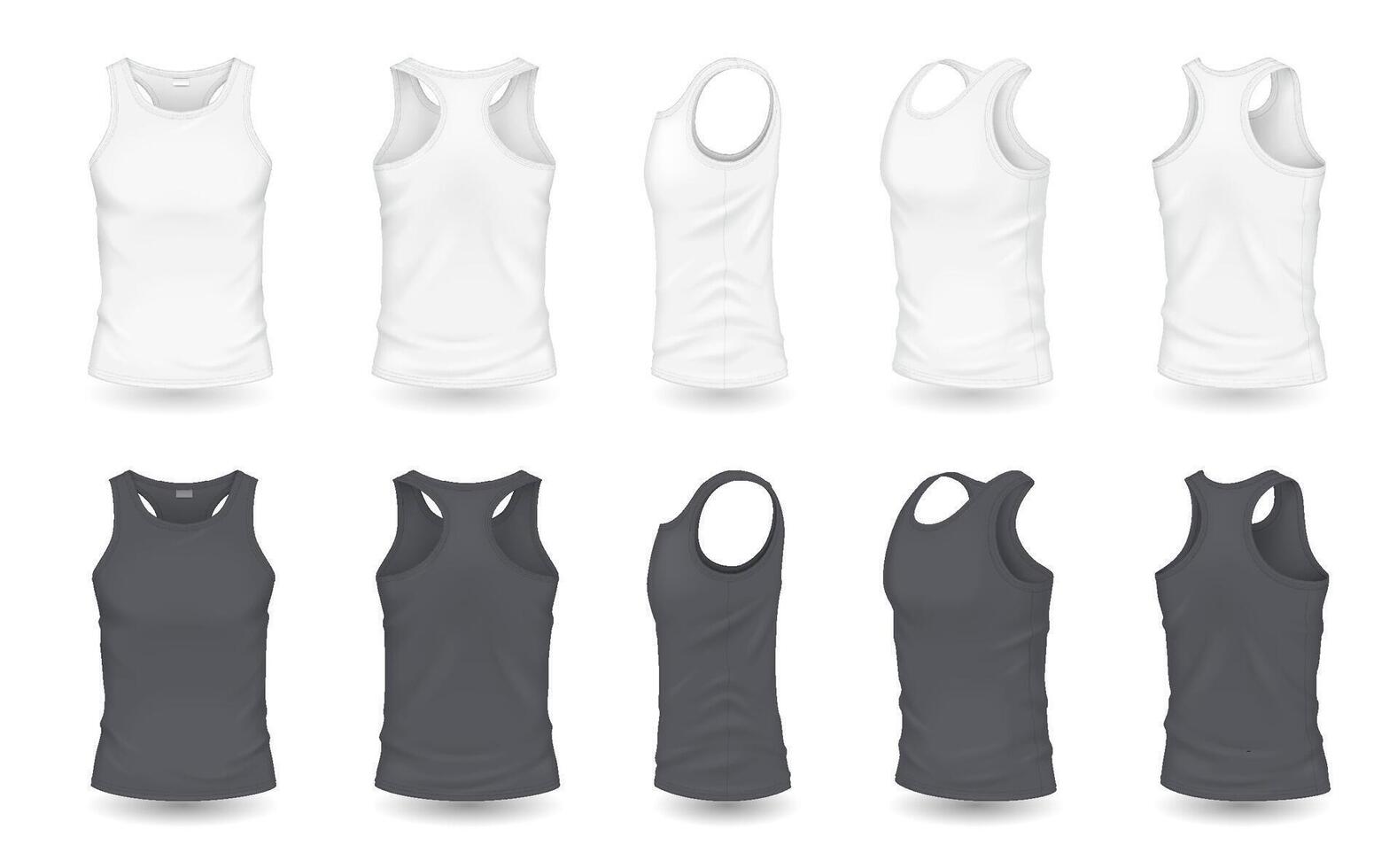 Men tank tops with mockup design realistic illustration set. Clothing for sport and rest with copyspace 3d models on white background vector