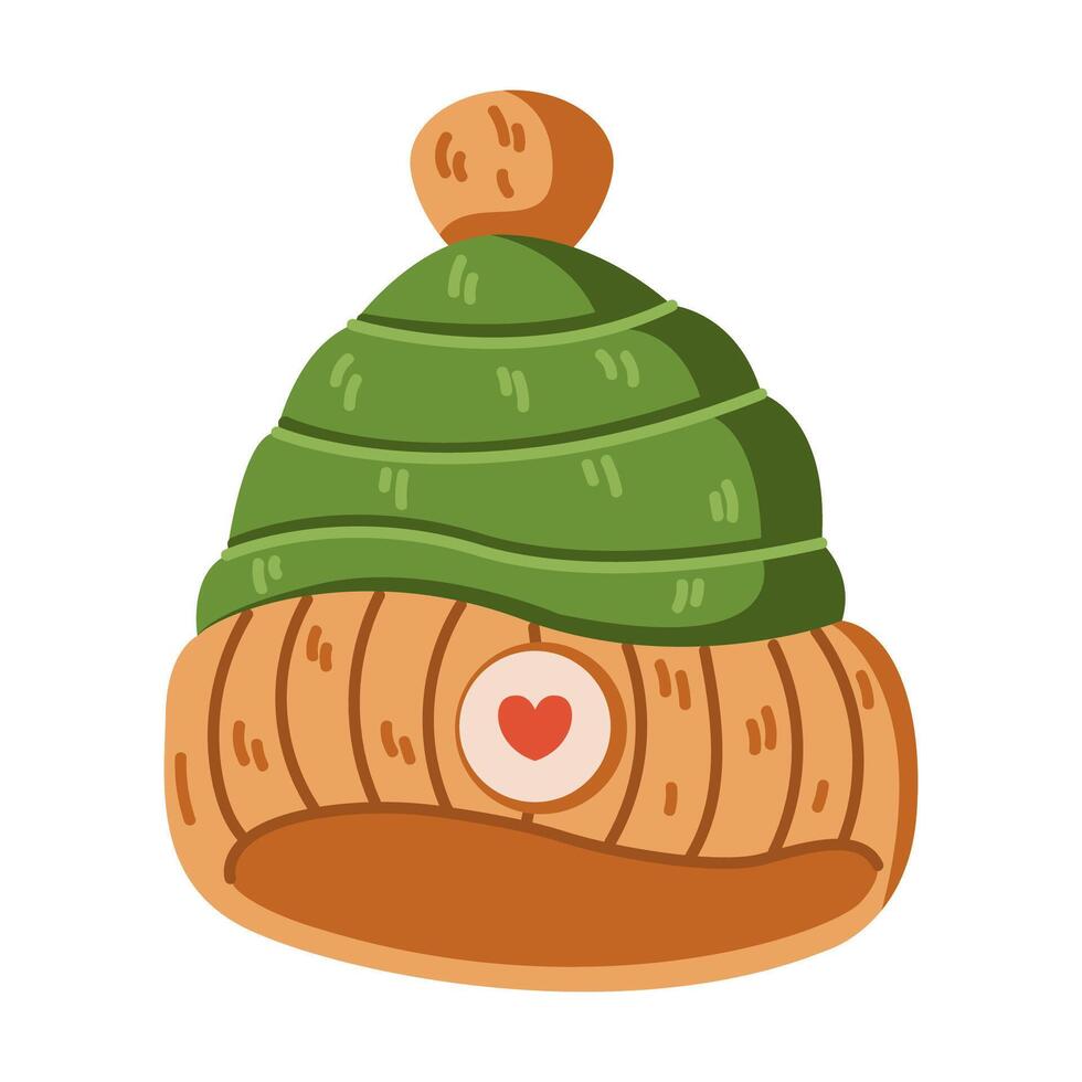Knitted green and brown winter hat with heart flat color object. Cute accessory for children illustration on white background vector