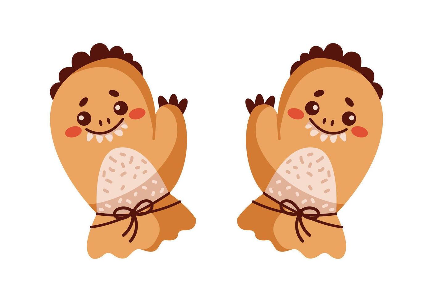 Funny knitted mittens monster shaped flat color object. Friendly dinosaurs gloves waving hands illustration on white background vector