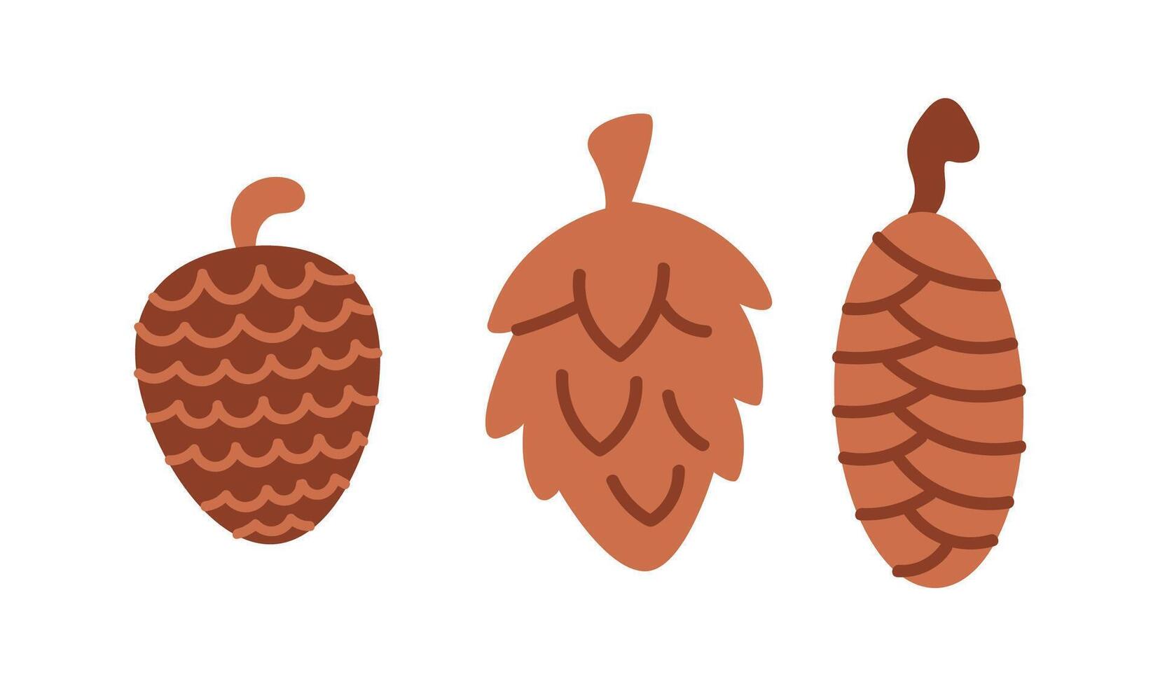Pine cones of various shapes flat color objects set. Natural elements for Christmas themed project illustrations pack on white vector