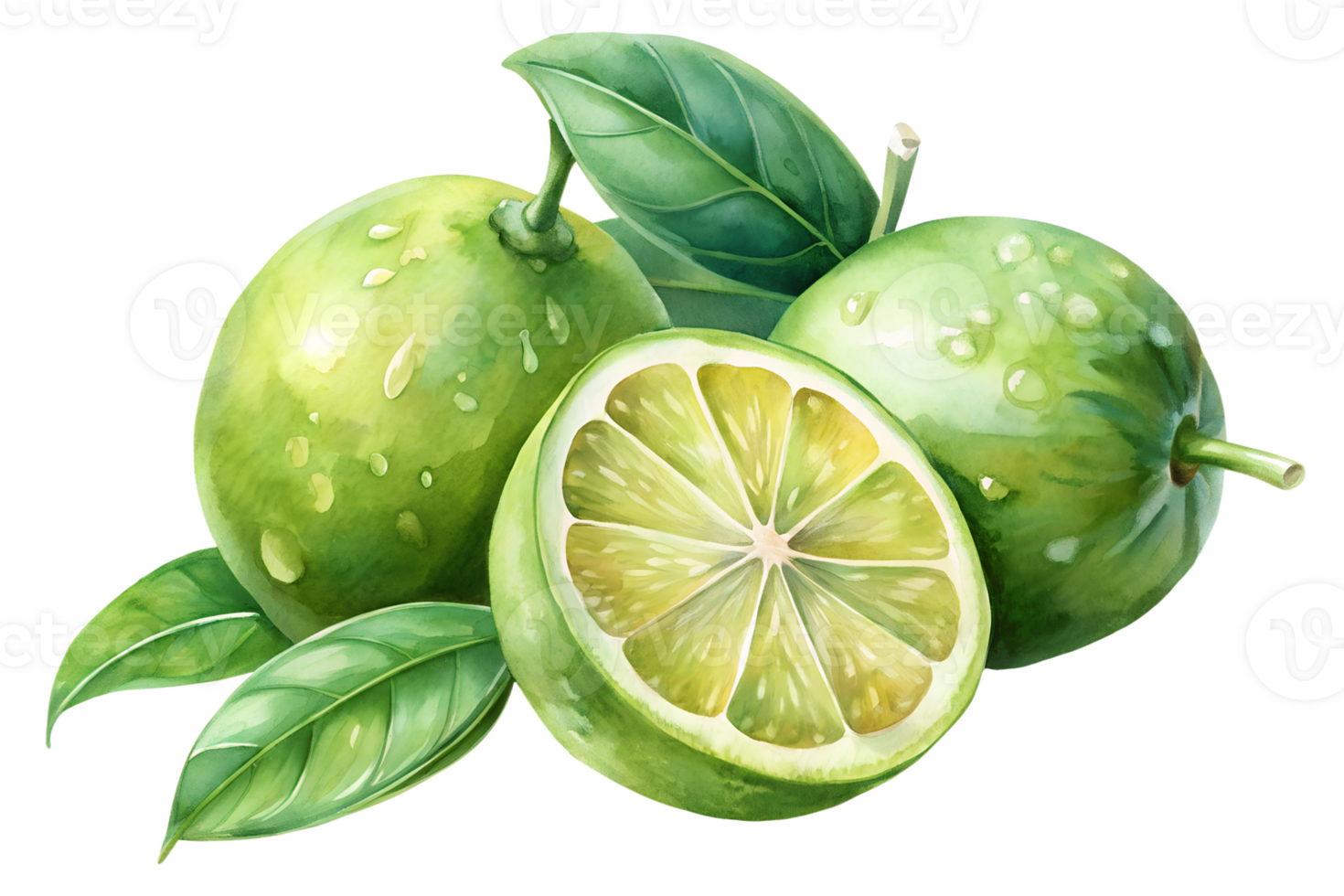 Watercolor hand drawn Lime with leaves stems png