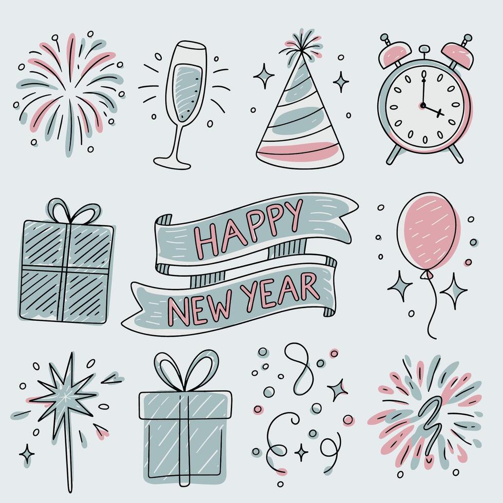 New Year Party Celebration Hand-Drawn Elements vector