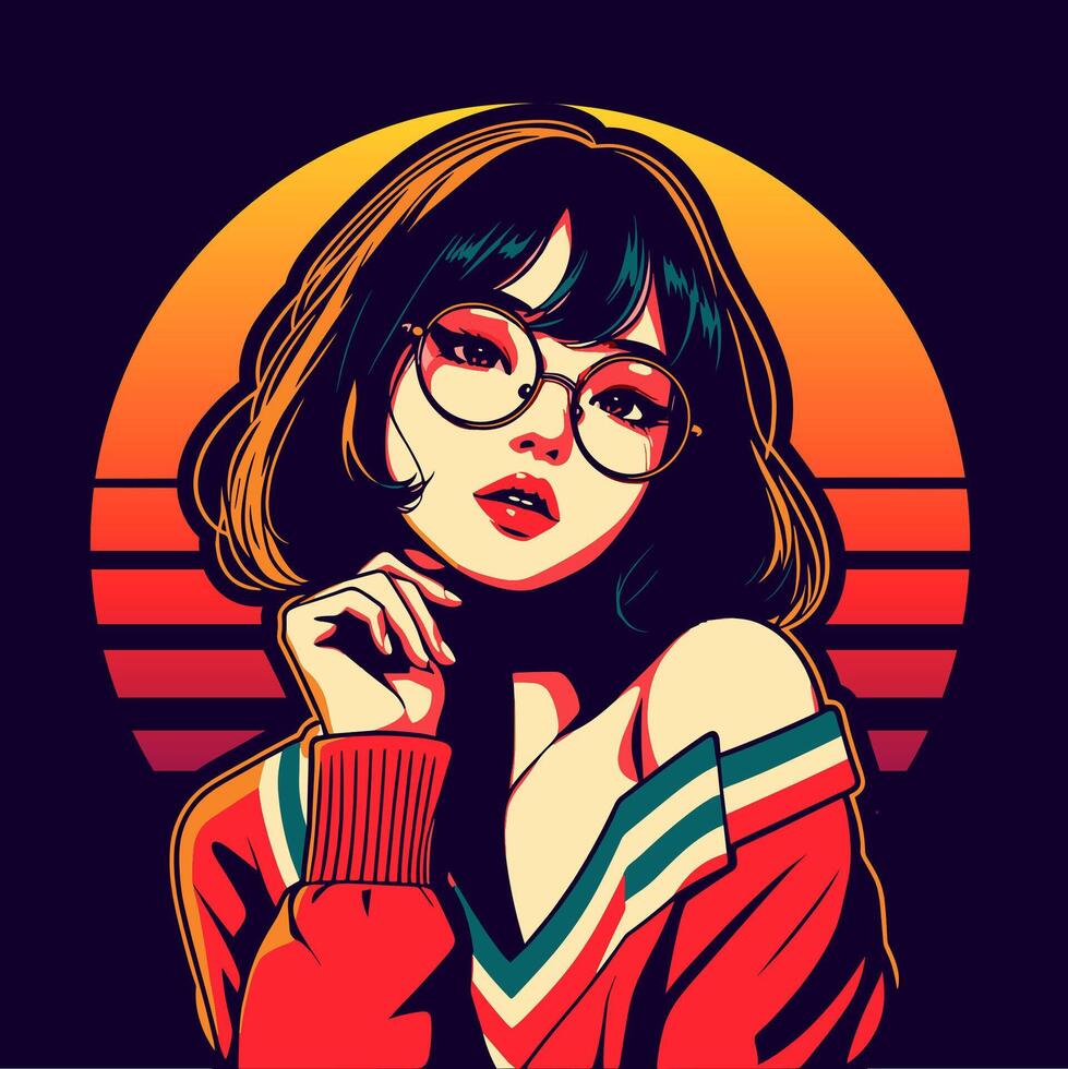 girl retro style background with sun design vector