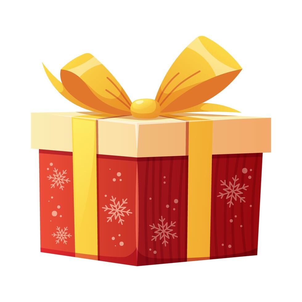 Christmas gift on white background. Red and white holiday box with snowflakes and yellow bow. isolated element vector