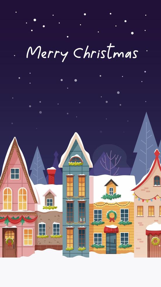 Merry Christmas greeting card with cityscape, cute houses and falling snow. illustration vector