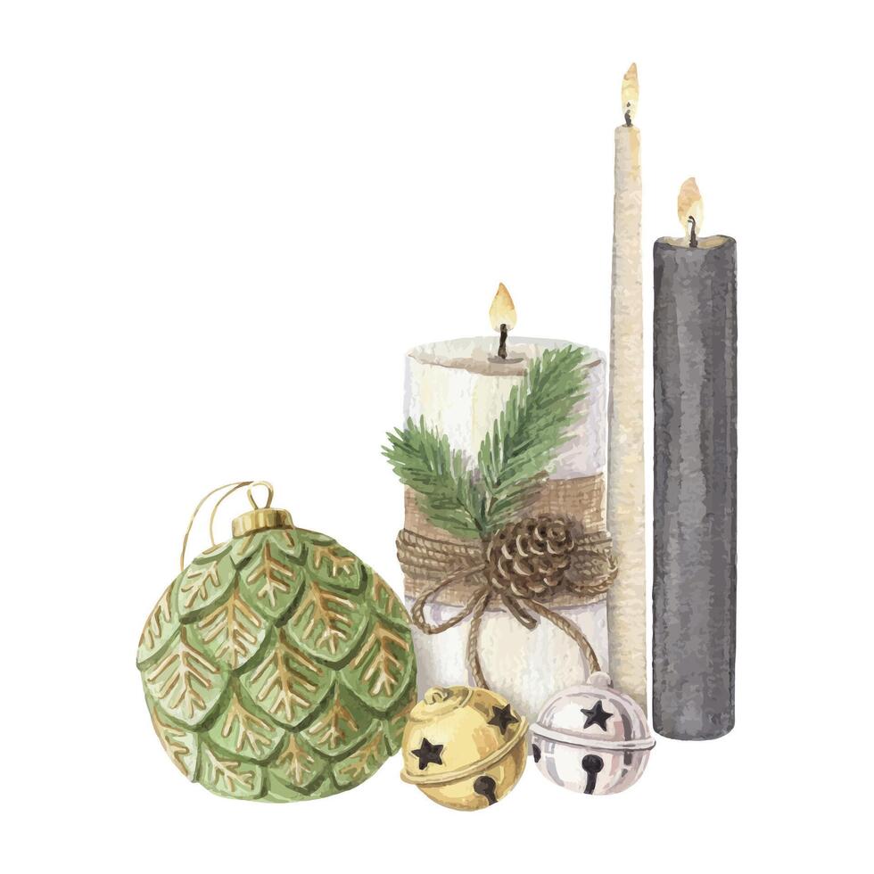 Christmas composition with candle and green glass bauble. Hand drawn watercolor winter illustration of home decor. Seasonal isolated drawing for tradition graphic and greeting card designs. vector