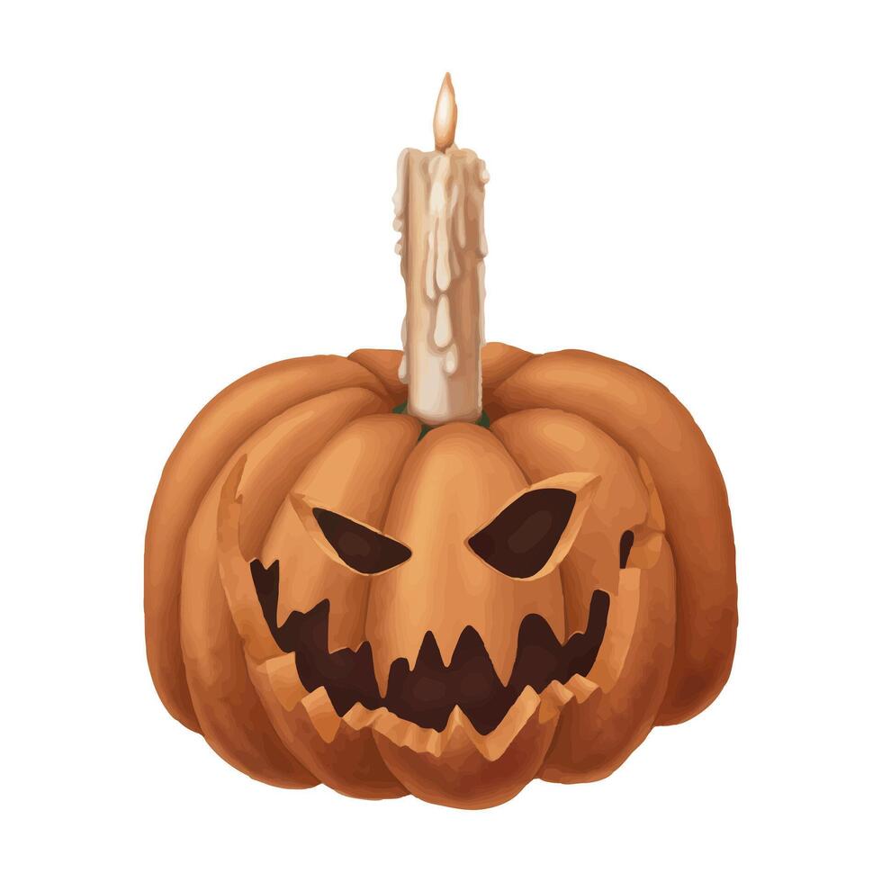 Jack O Lantern grinning Halloween pumpkin with candle in cartoon style. Hand drawn creepy cute orange illustration. Isolated drawing perfect for autumn graphic and spooky season card designs. vector