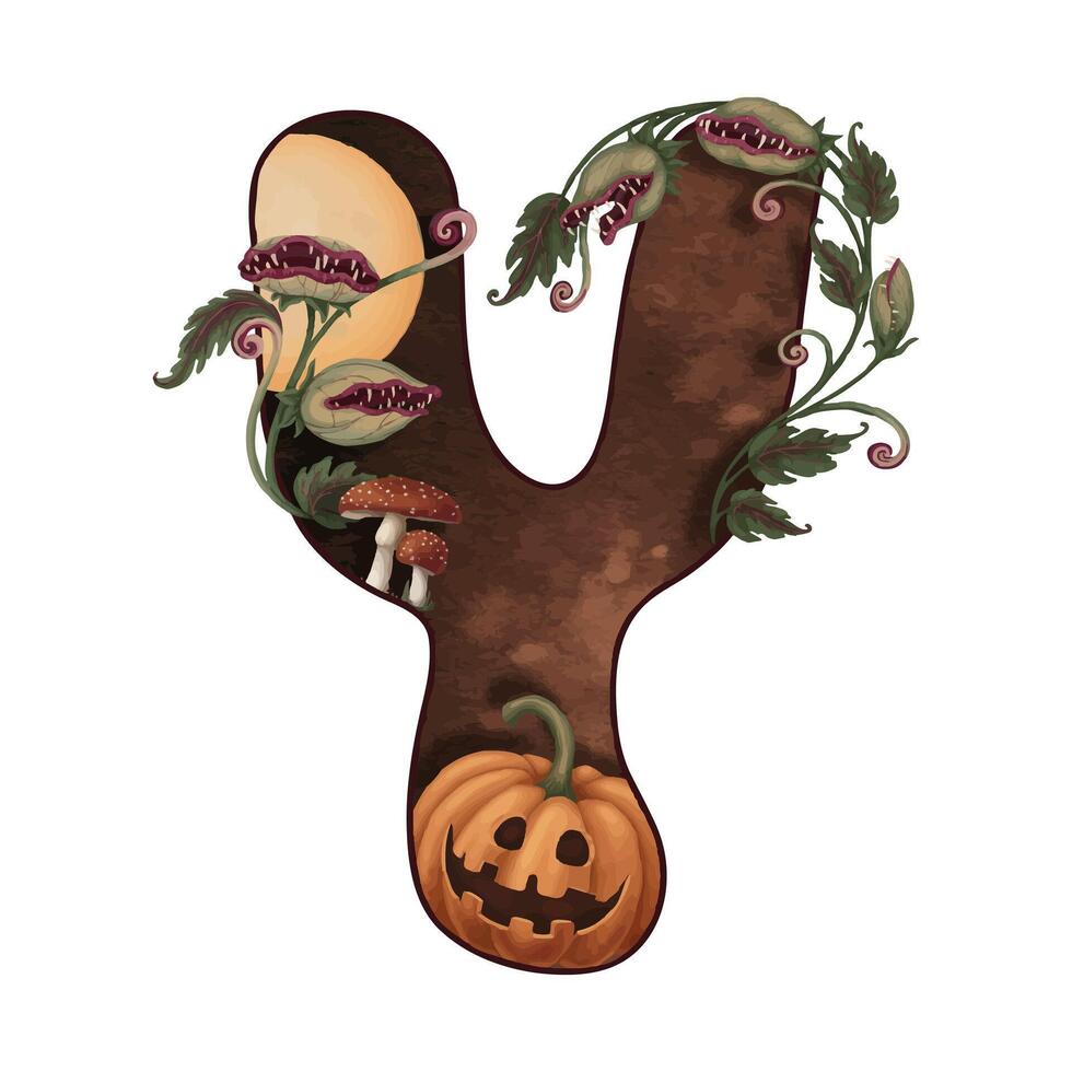 Letter Y Halloween doodle illustration with pumpkin and plant in cartoon style. Hand drawn dark brown alphabet. Isolated drawing perfect for autumn font graphic and spooky season card designs. vector
