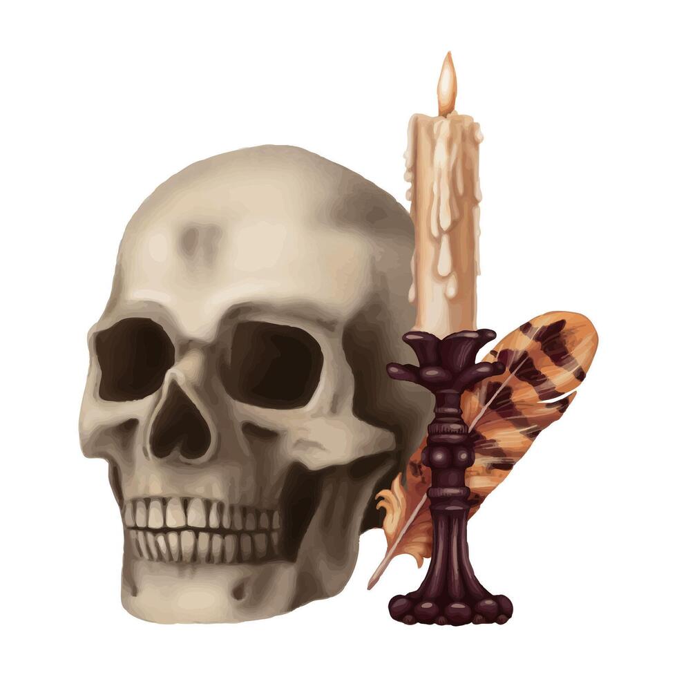 Human Skull with feather and candle Halloween composition. Hand drawn scary illustration in cartoon style. Isolated drawing perfect for autumn graphic and spooky season card designs. vector