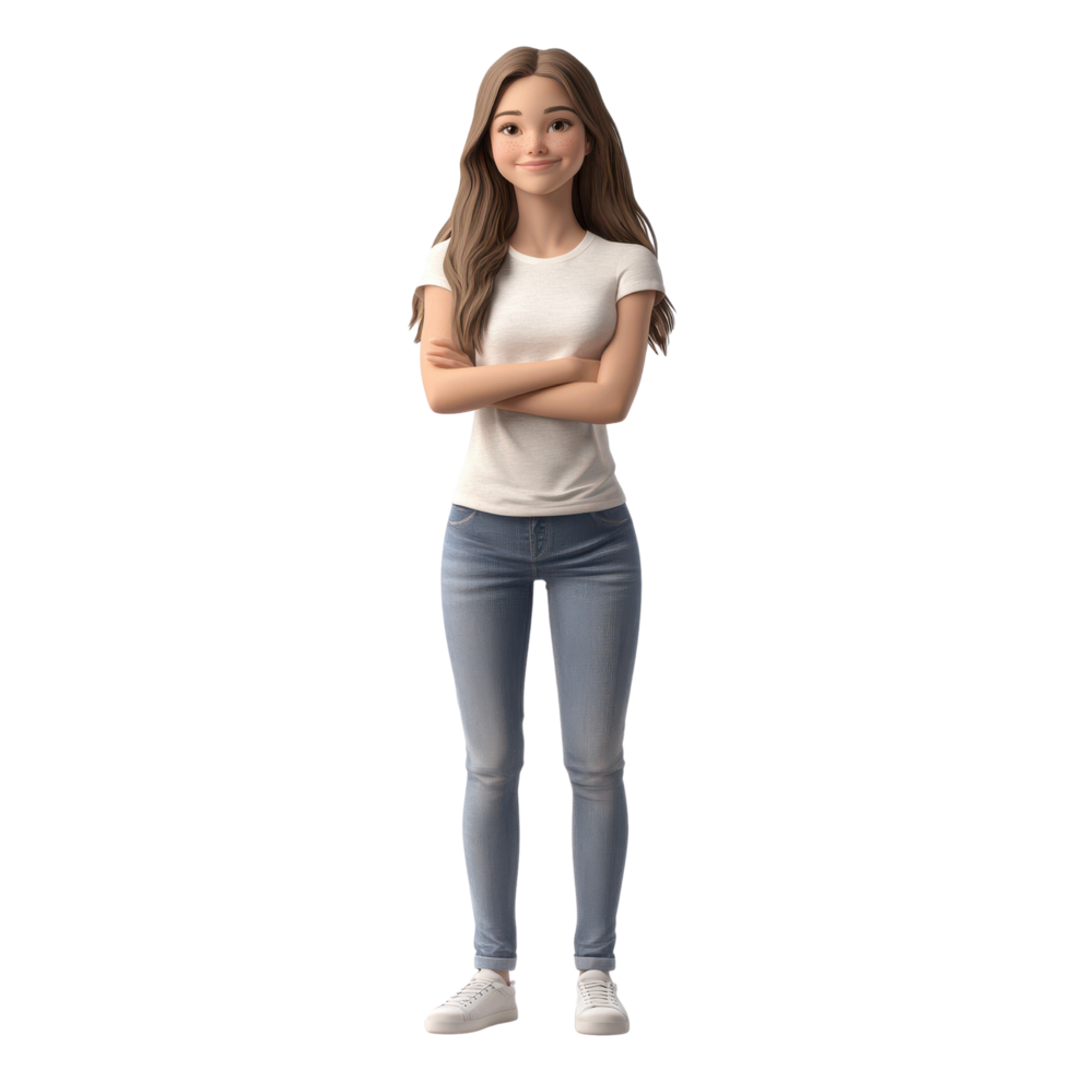 Smiling young woman with arms crossed captured in a realistic 3d portrait style png