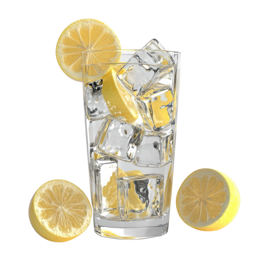 Glass of lemonade with ice cubes and lemon slices 3d style isolated on clear background png