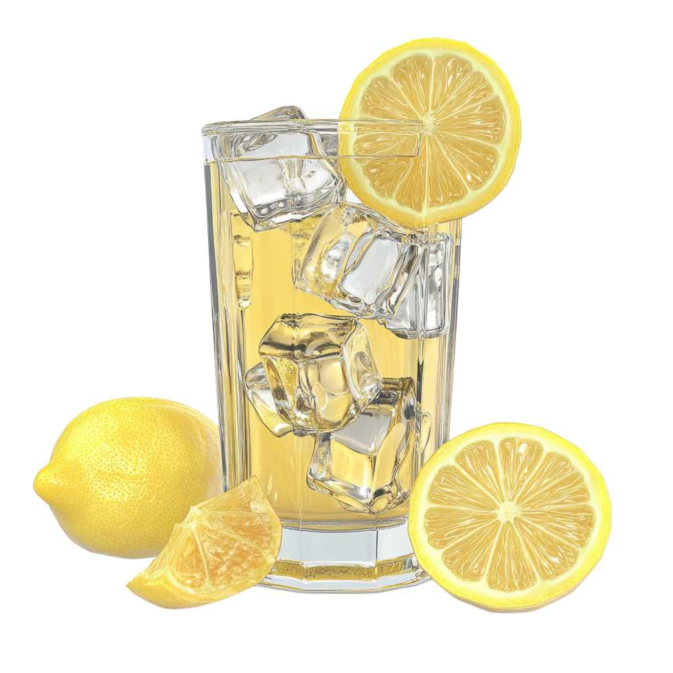 Lemonade with lemon slices and ice cubes in a glass 3d style on clear background png