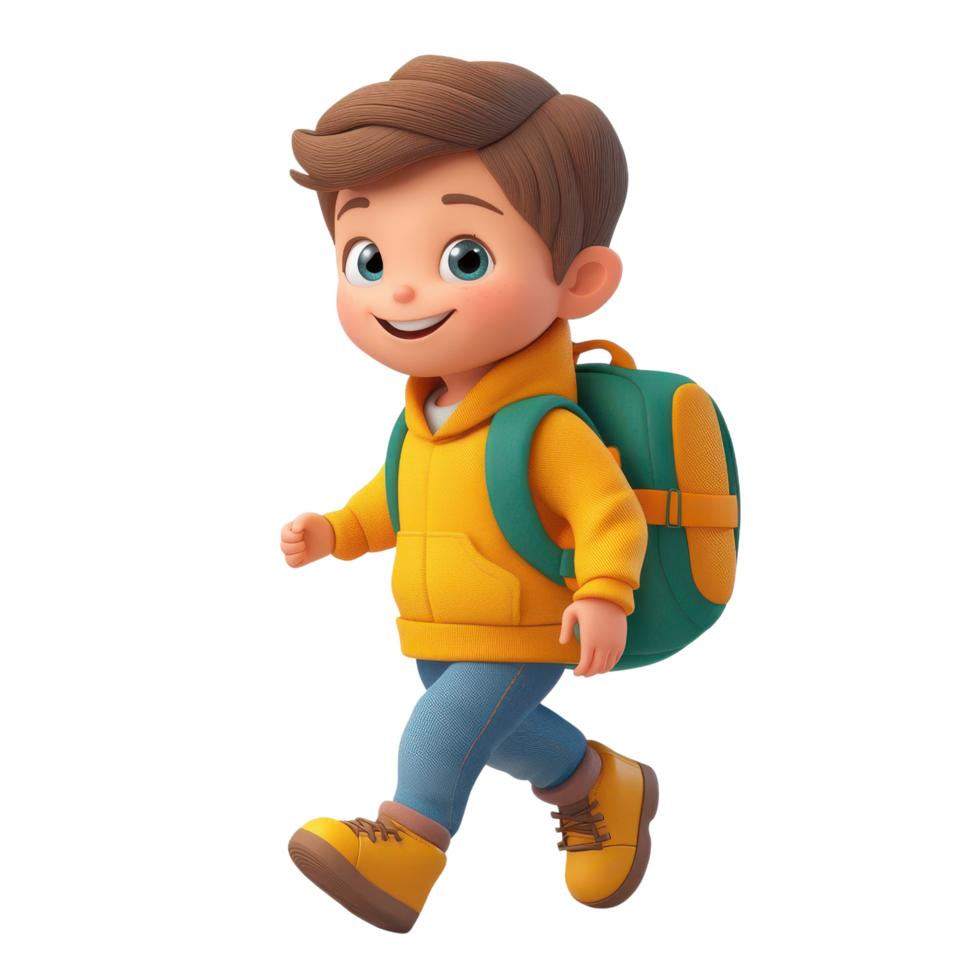Animated child with a cheerful smile and backpack walking to school in 3d style png