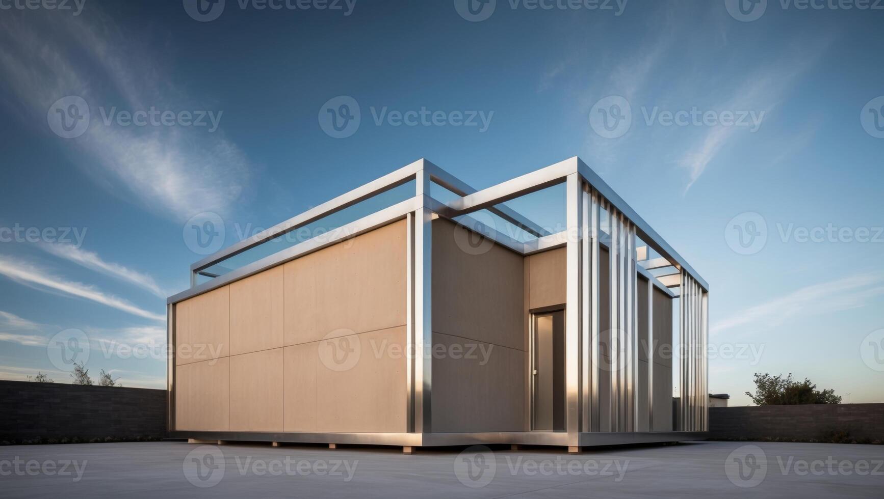 A modern house with a metal frame and a roof photo