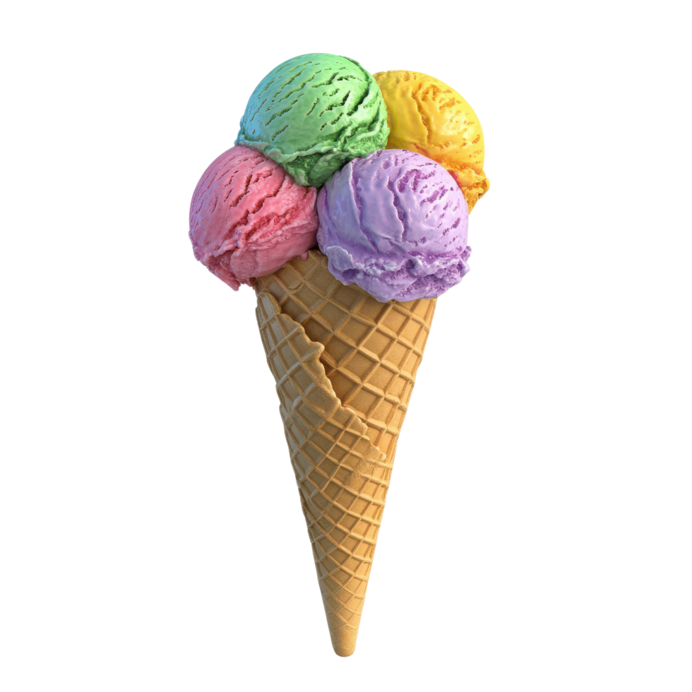 gelo creme cone com múltiplo colorida colheres 3d estilo e uma texturizado waffle cone png