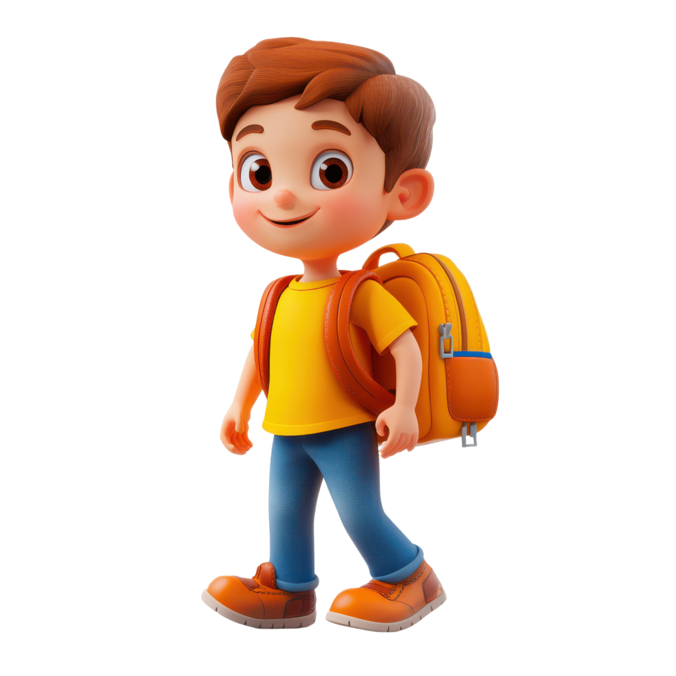 Playful cartoon kid with a bright backpack walking to class in 3d style png