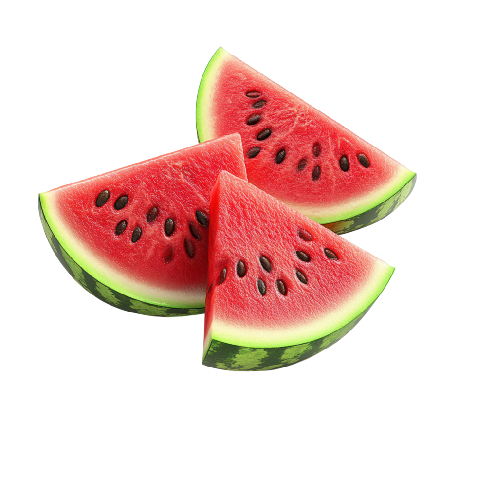 Juicy watermelon slices with vivid red and green hues in 3d style on transparent background png