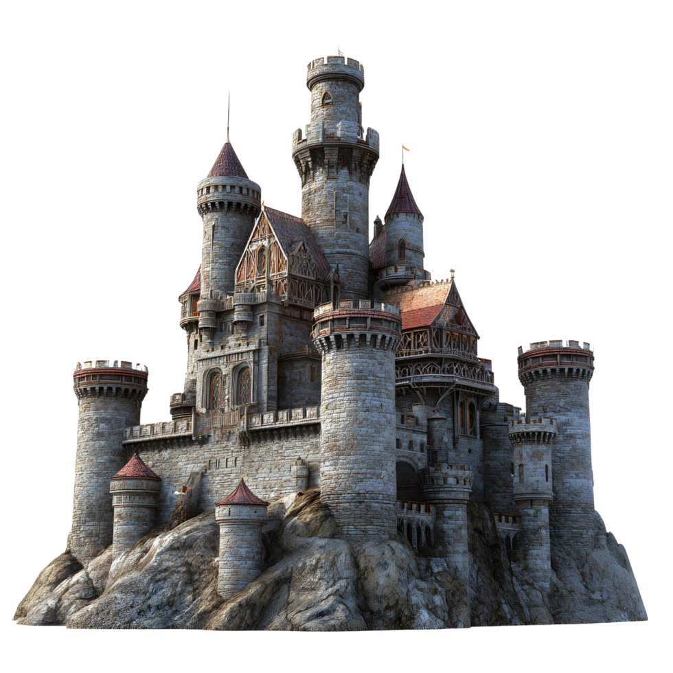 Imposing 3D castle perched on a cliff overlooking a shimmering fantasy realm png