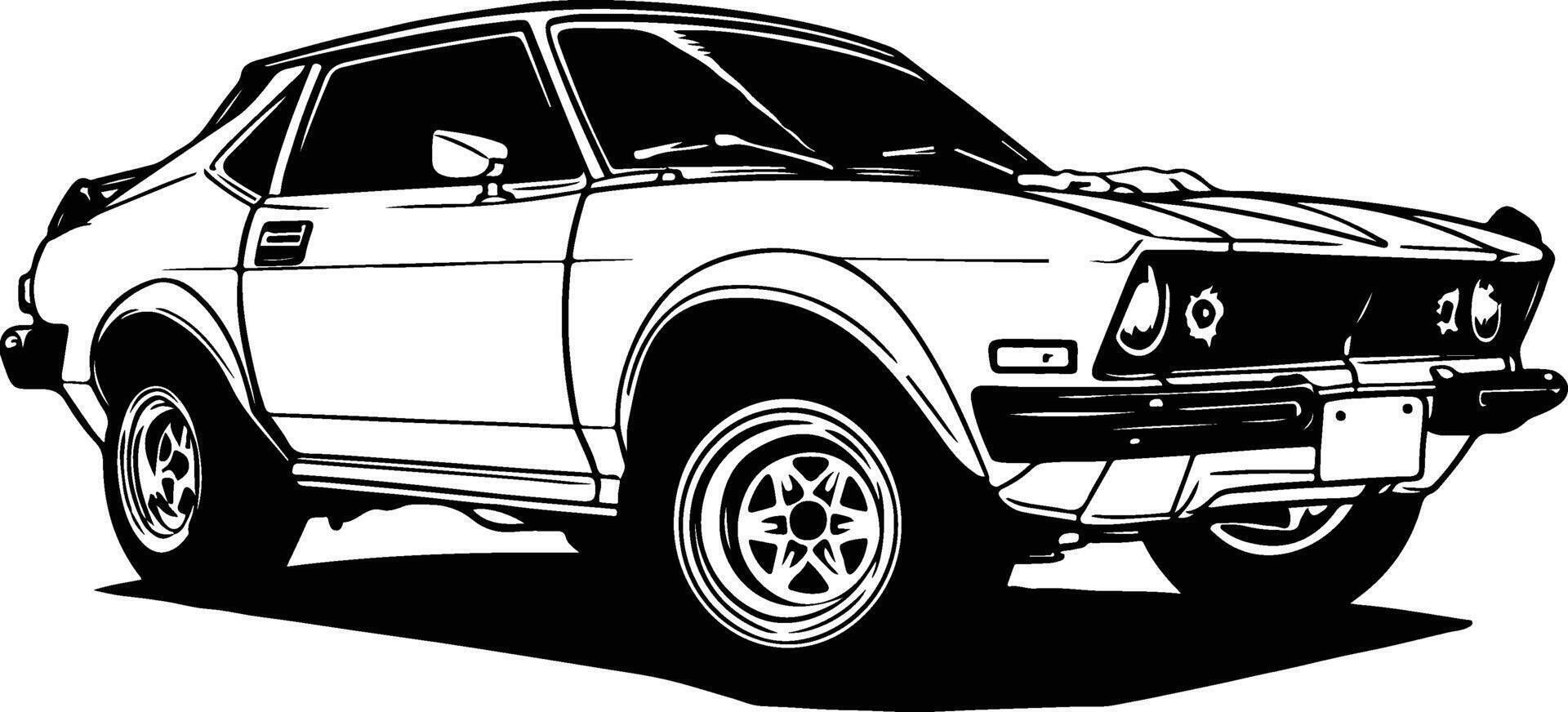 An old car is shown in black and white vector