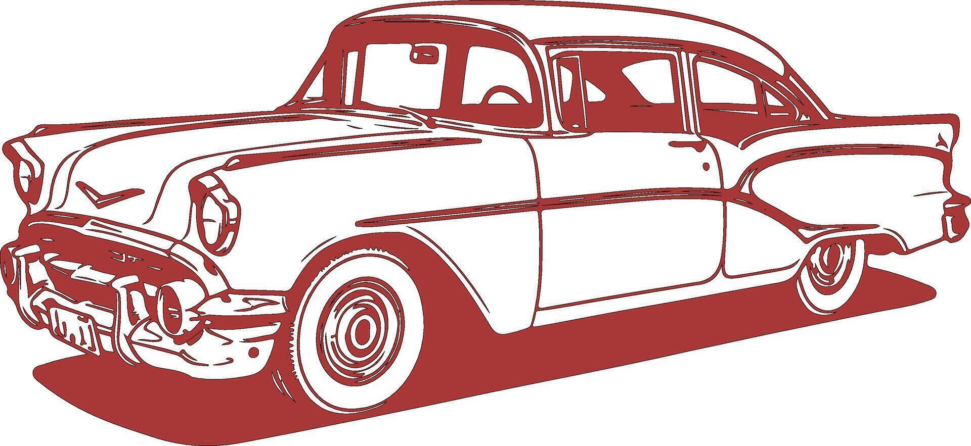 An old car is shown in red and white vector