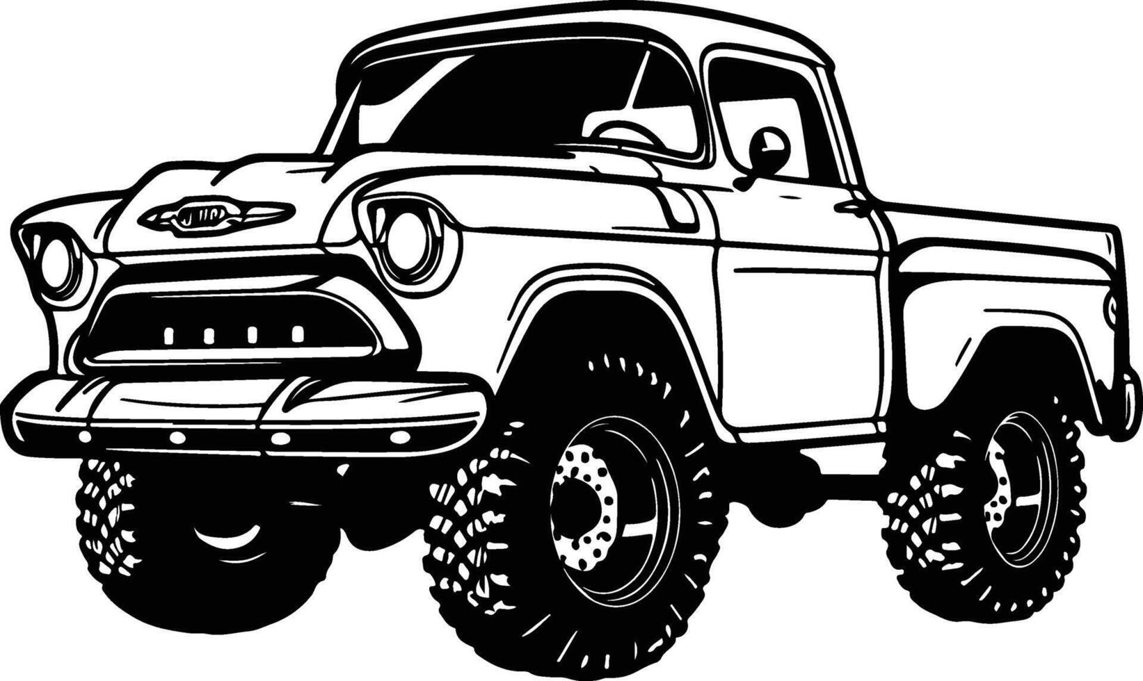 An old truck is shown in black and white vector