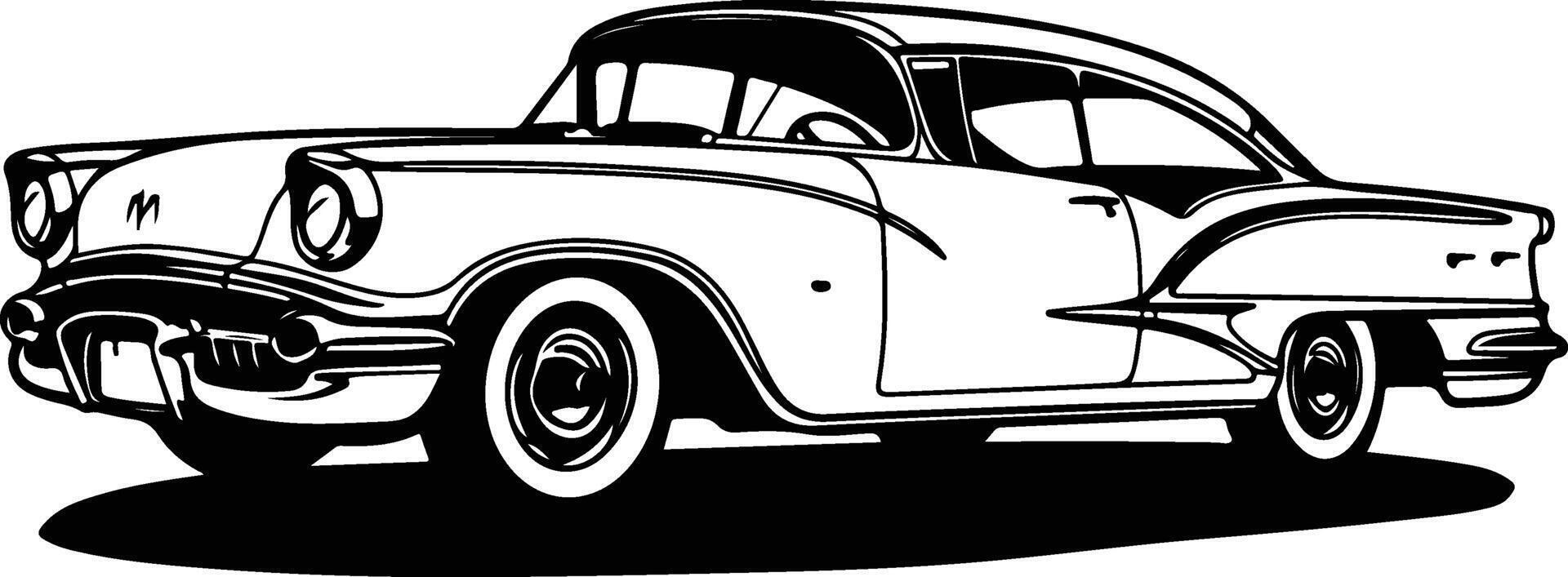 An old car is shown in black and white vector