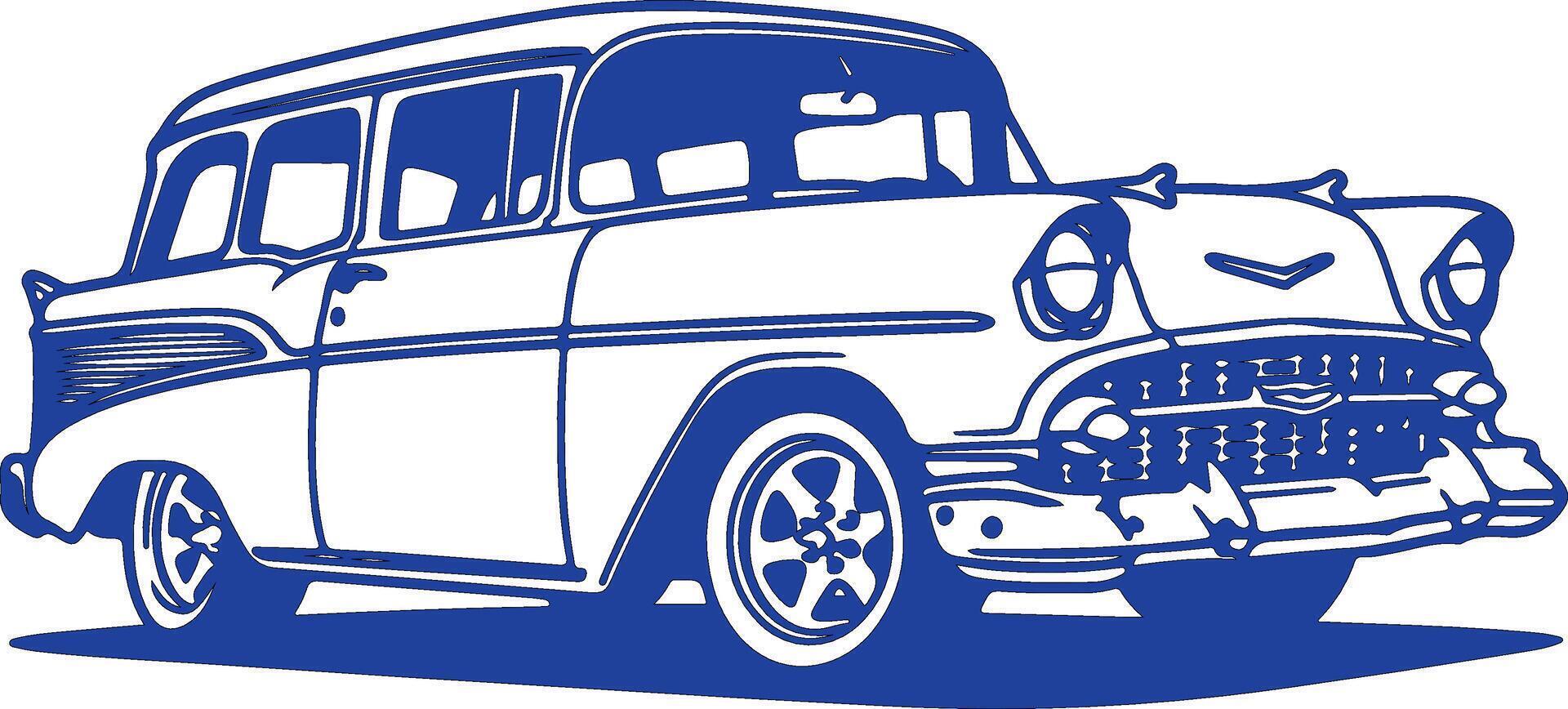An old car is shown in blue and white vector