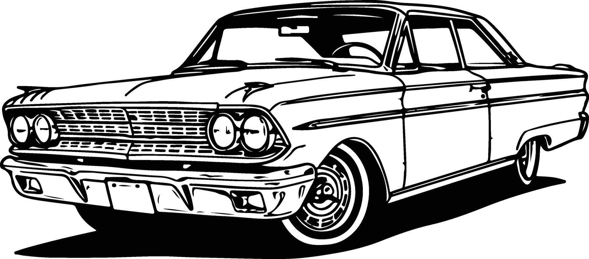 An old car is shown in black and white vector