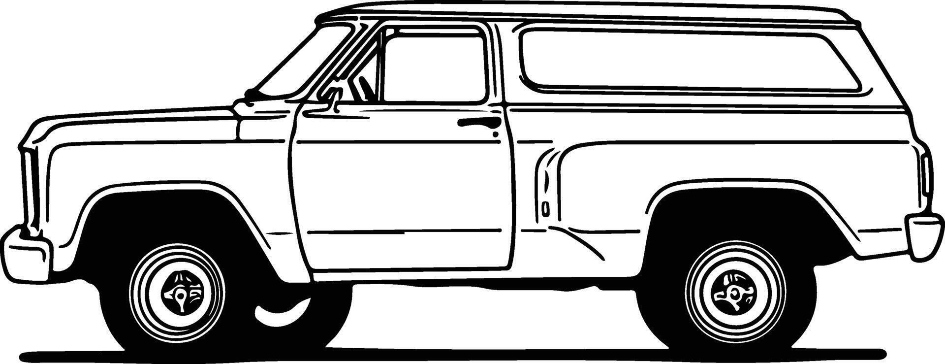 An old truck is shown in black and white vector