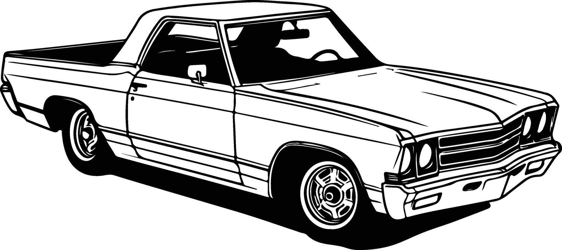A black and white drawing of a pickup truck vector