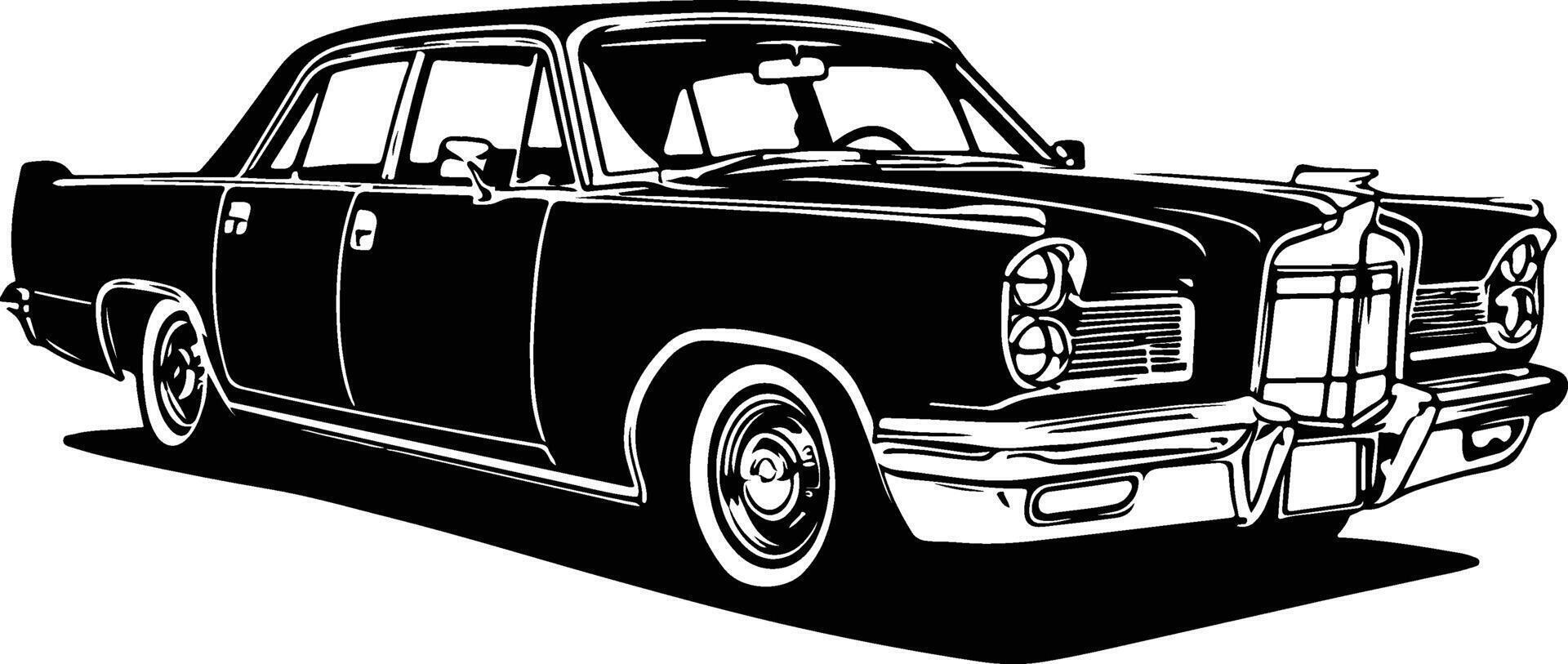 An old car is shown in black and white vector