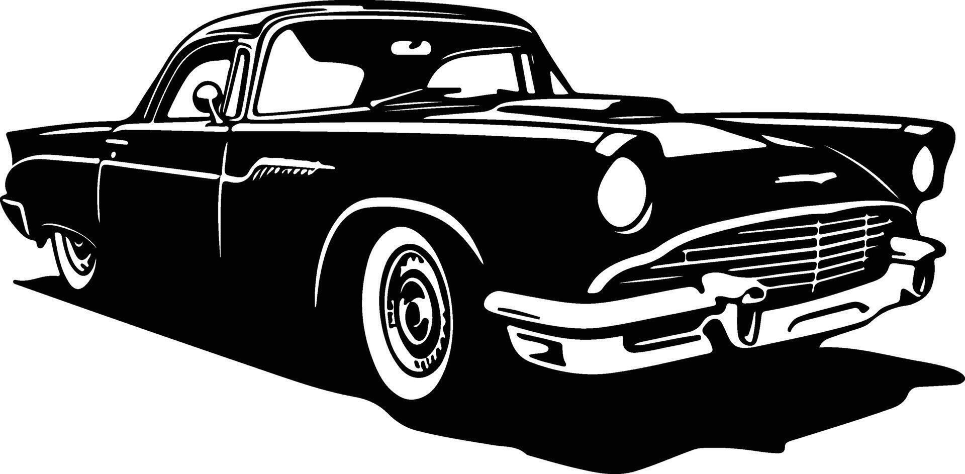 An old car is shown in black and white vector