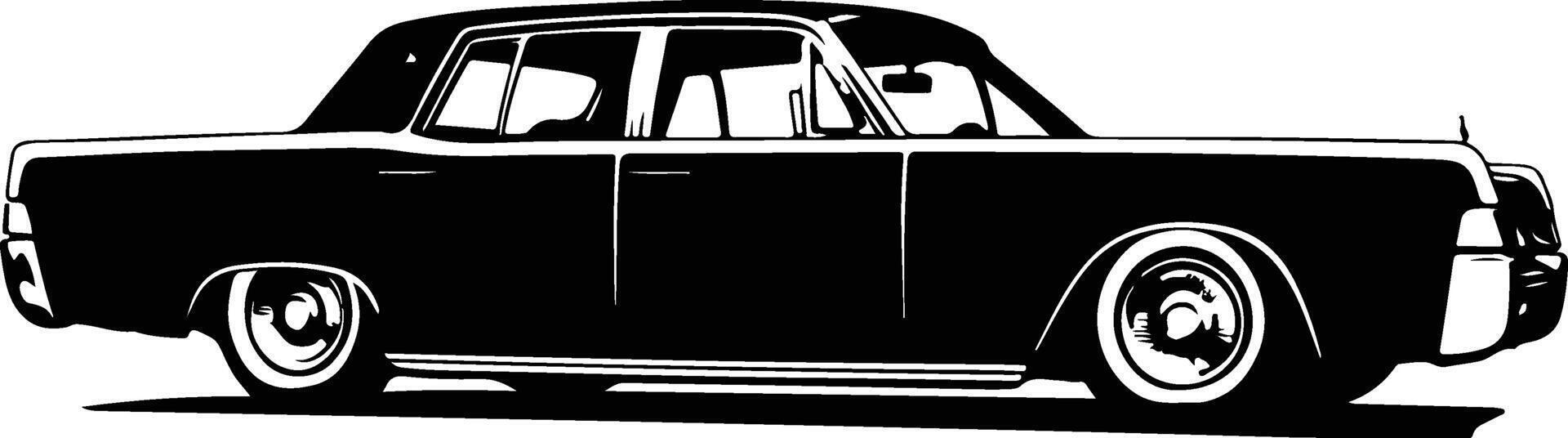 An old car is shown in black and white vector