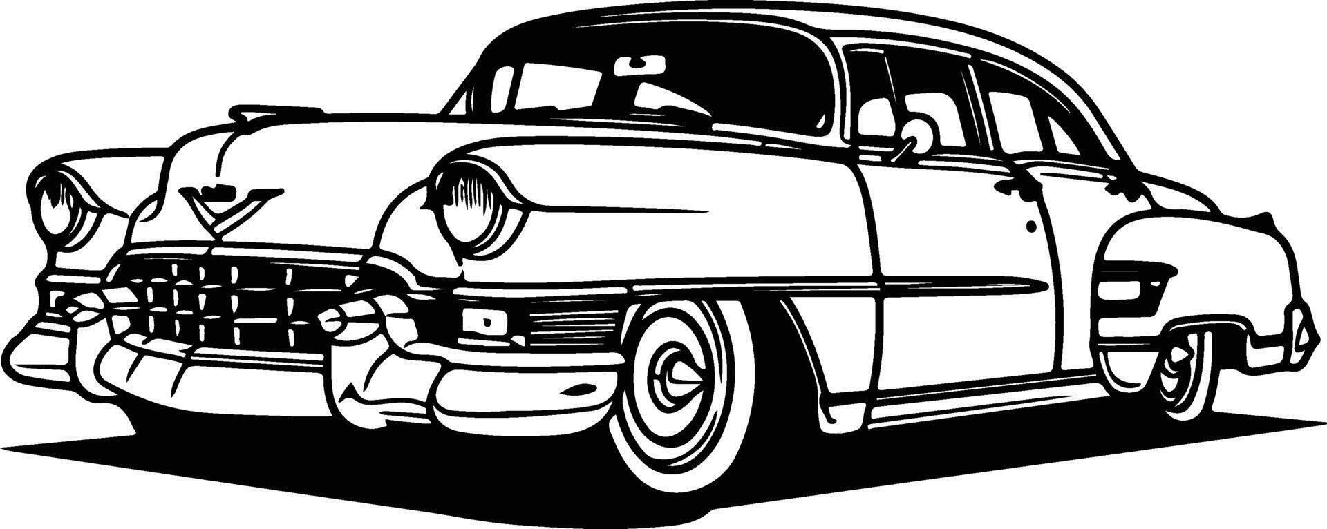A black and white drawing of a classic car vector