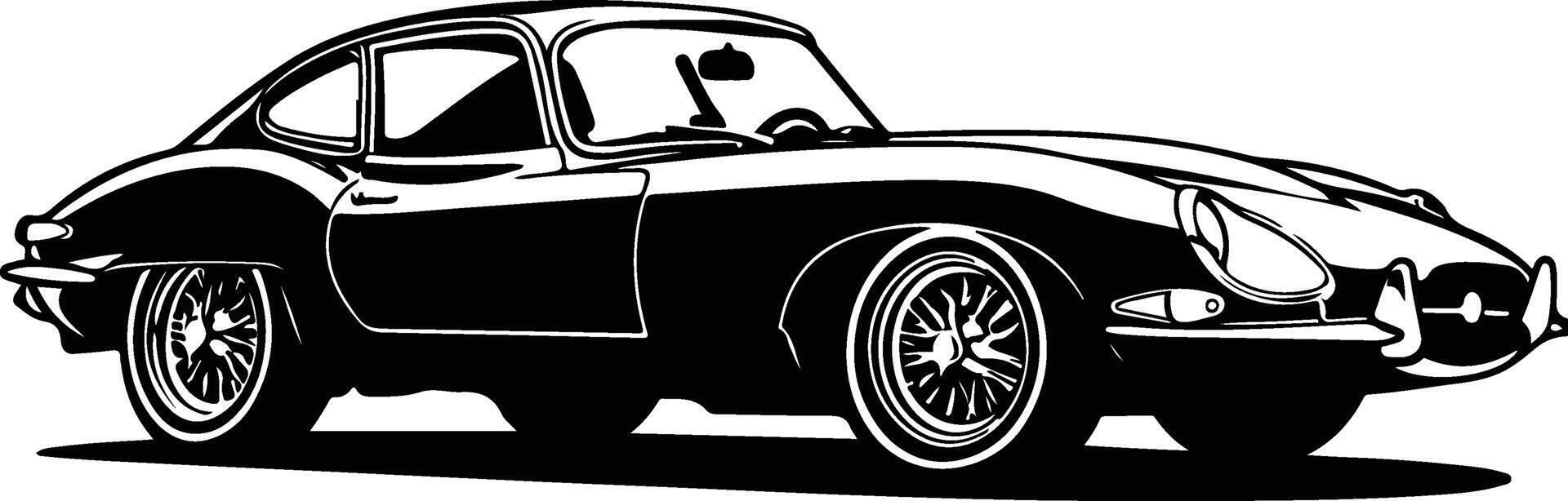 An old car is shown in black and white vector