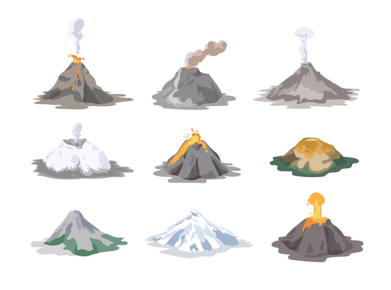 Collection of inactive and active volcanoes erupting and emitting smoke, ash clouds and lava isolated on white background. Bundle of volcanic eruptions. Colorful illustration in flat style. vector